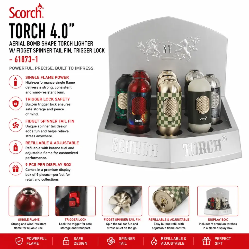 Scorch Torch 4.0" Tall Single Flame Aerial Bomb Shape Torch Lighter w/ Fidget Spinner Tail Fin, Trigger Lock 61873-1 - ( 9 per box)
