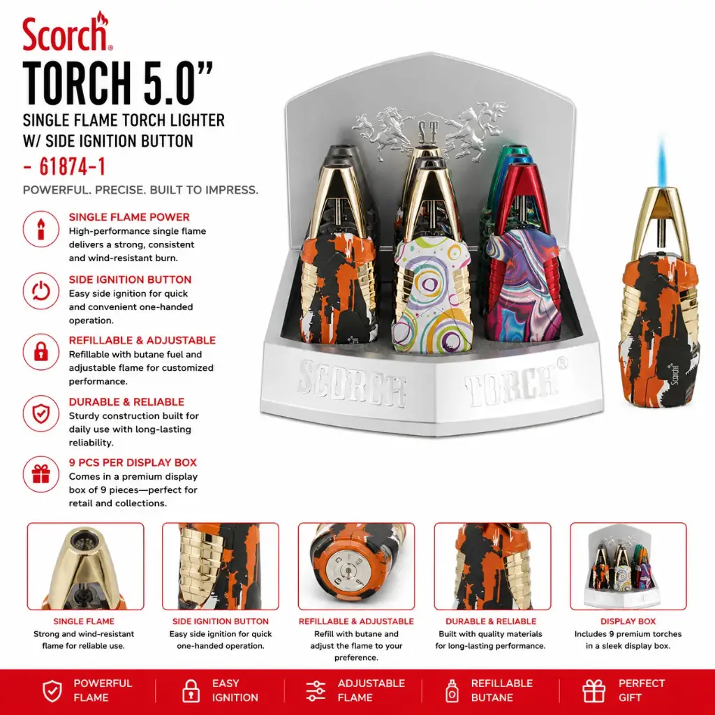 Scorch Torch 5.0" Tall Single Flame Torch Lighter w/ Side Ignition Button 61874-1 - ( 9 per box)