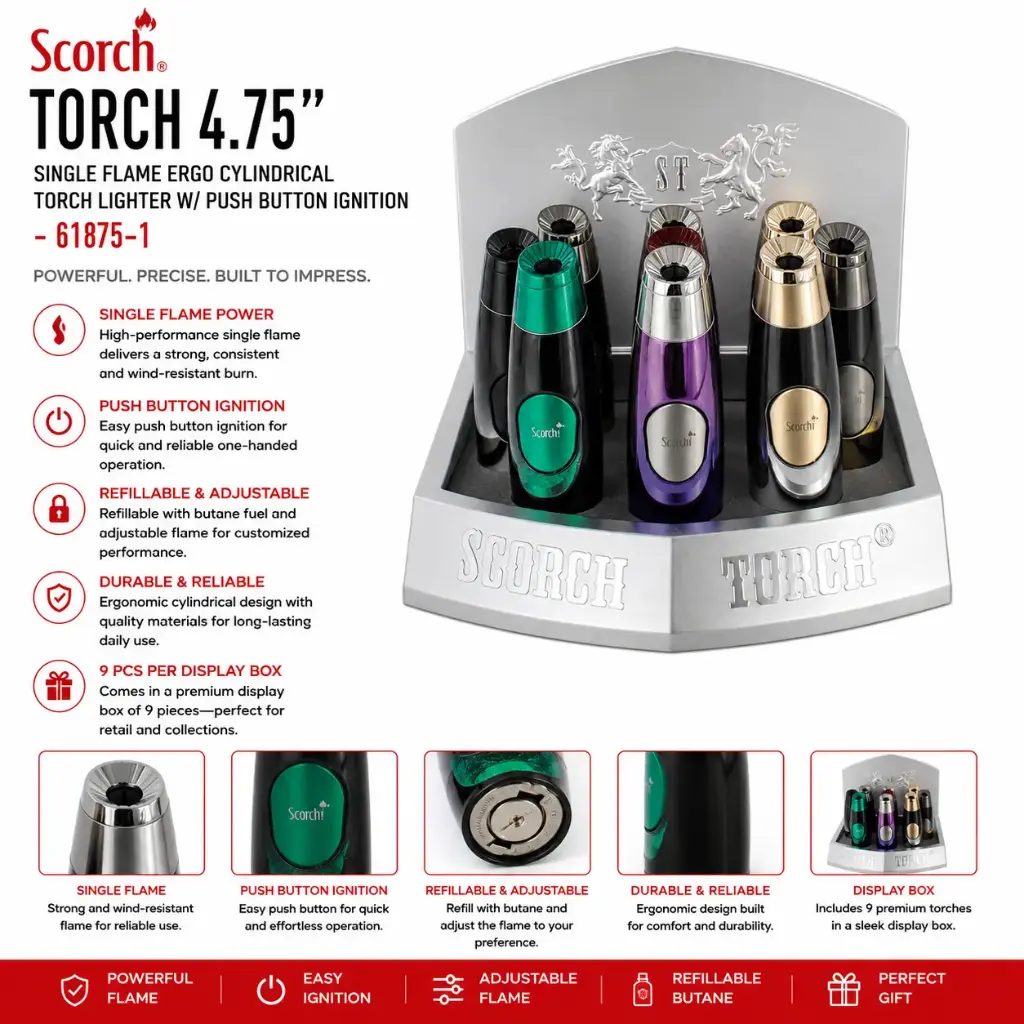 Scorch Torch 4.75" Tall Single Flame Ergo Cylindrical Torch Lighter w/ Push Button Ignition 61875-1 - ( 9 per box)