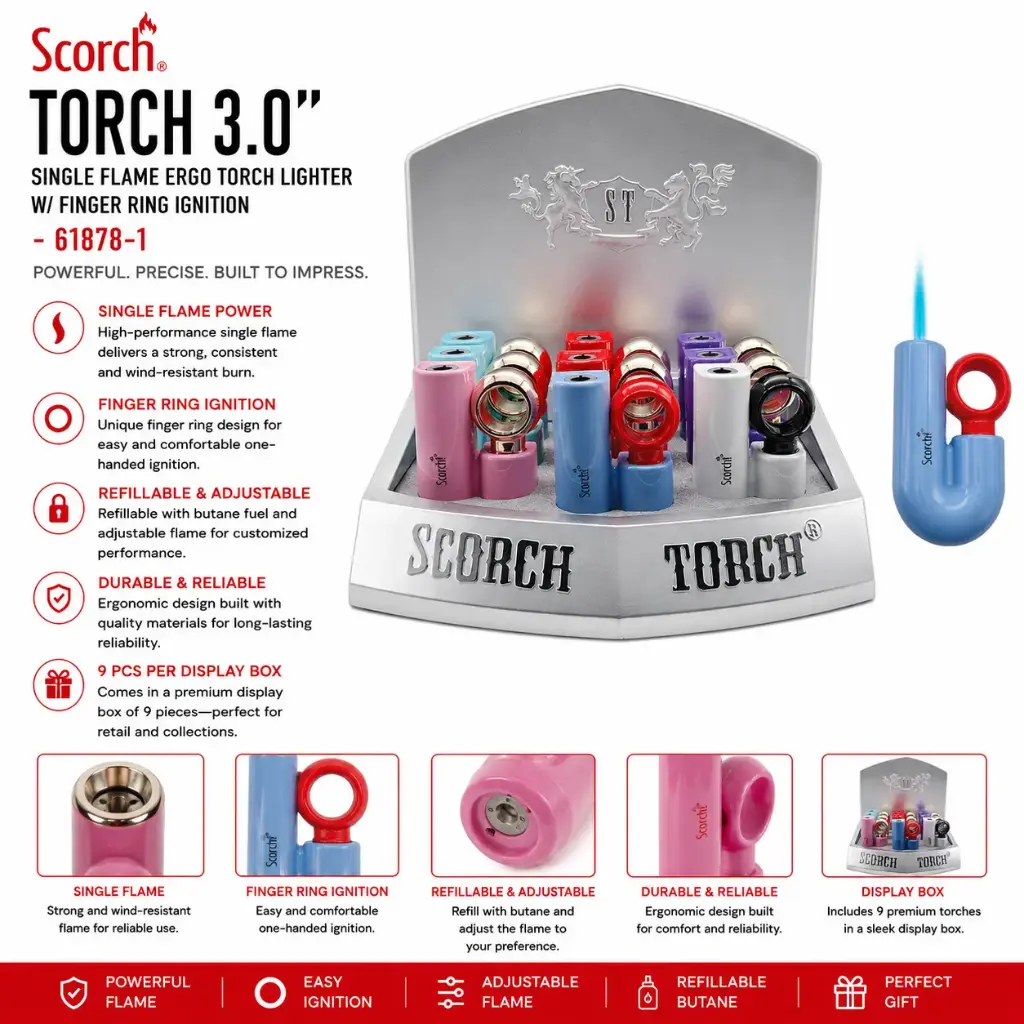 Scorch Torch 3.0" Tall Single Flame Ergo Torch Lighter w/ Finger Ring Ignition 61878-1 - ( 9 per box)
