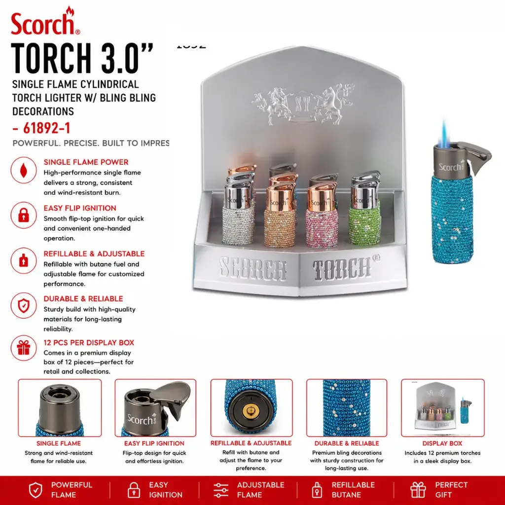 Scorch Torch 3.0" Tall Single Flame Cylindrical Torch Lighter w/ Bling bling Decorations 61892-1 - ( 12 per box)