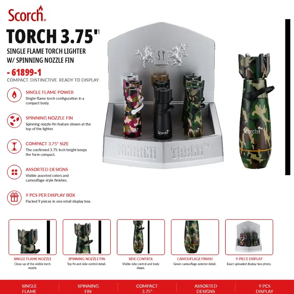 Scorch Torch 3.75" Tall Single Flame Torch Lighter w/ Spinning Nozzle Fin 61899-1 - ( 9 per box)