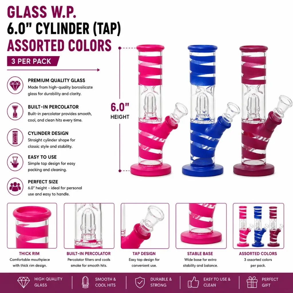 Glass W.P. 6.0" Cylinder (Tap) - Assorted Colors (3 per pack)