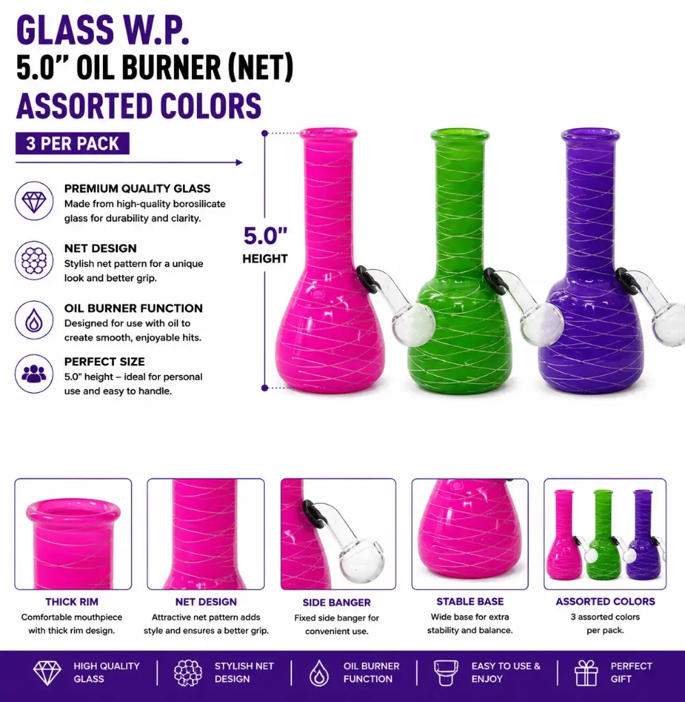 Glass W.P. 5.0" Oil Burner (Net) - Assorted Colors (3 per pack)