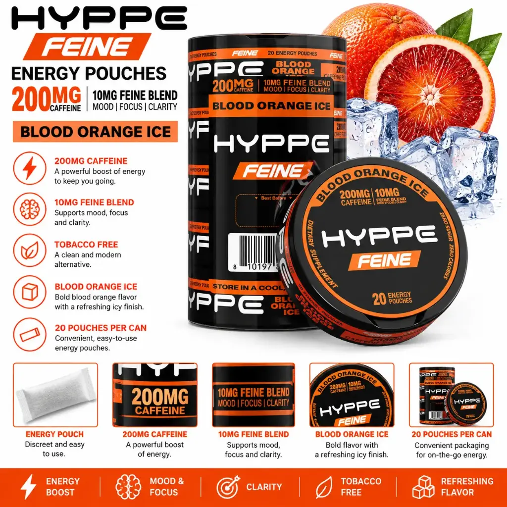HYPPE FEINE Performance Pouches (200 mg Caffeine) 20 pouches per pack | 5 packs - BLOOD ORANGE ICE