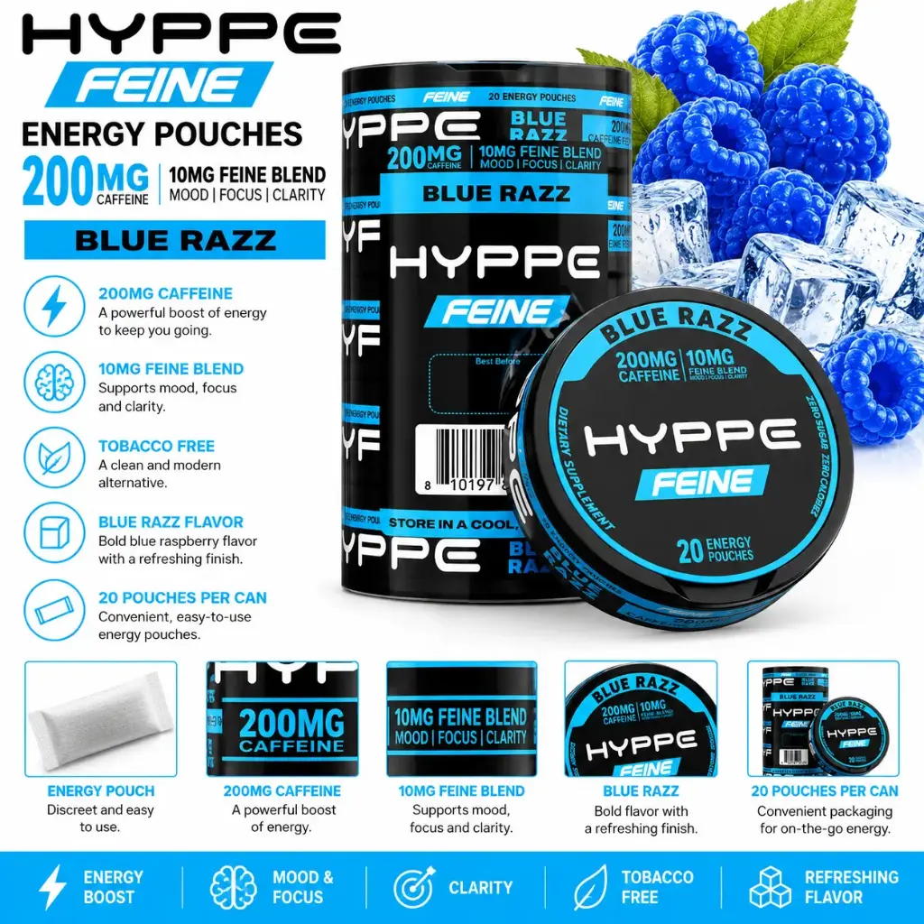 HYPPE FEINE Performance Pouches (200 mg Caffeine) 20 pouches per pack | 5 packs - BLUE RAZZ