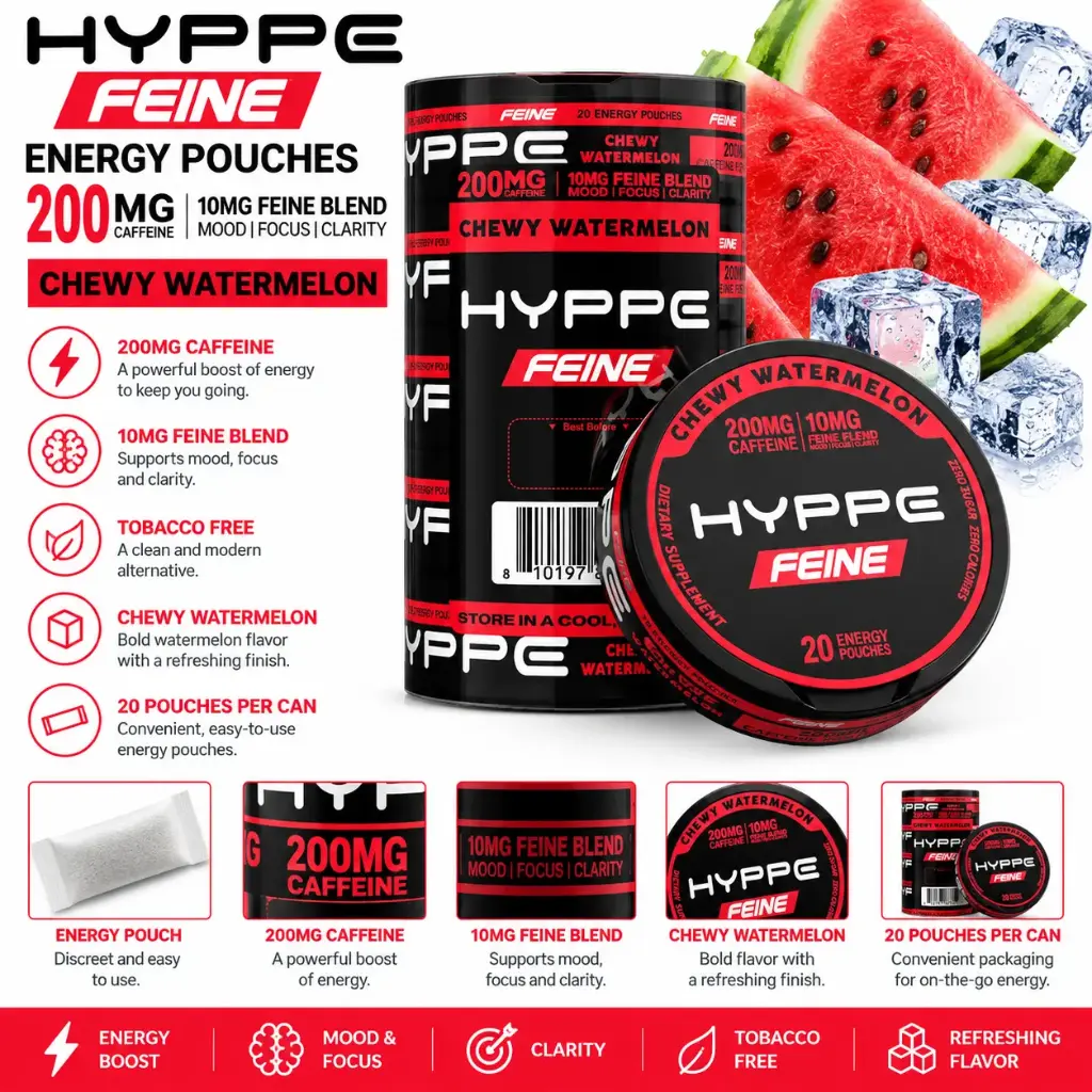 HYPPE FEINE Performance Pouches (200 mg Caffeine) 20 pouches per pack | 5 packs - CHEWY WATERMELON