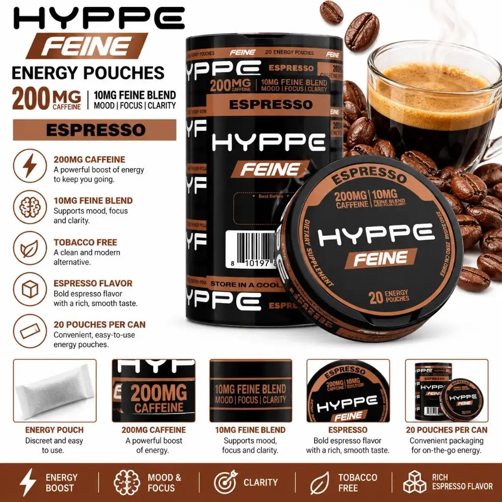 HYPPE FEINE Performance Pouches (200 mg Caffeine) 20 pouches per pack | 5 packs - ESPRESSO