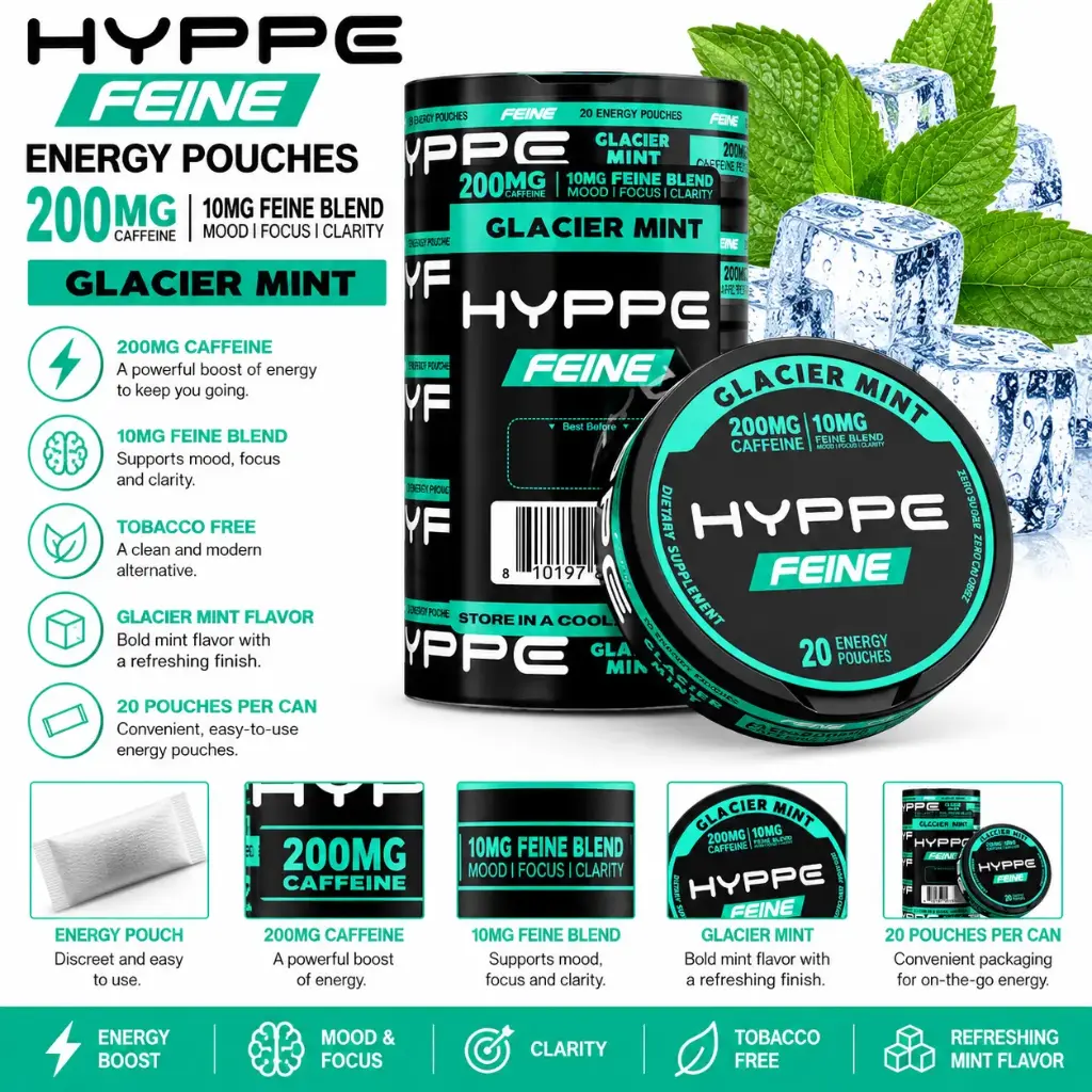 HYPPE FEINE Performance Pouches (200 mg Caffeine) 20 pouches per pack | 5 packs - GLACIER MINT