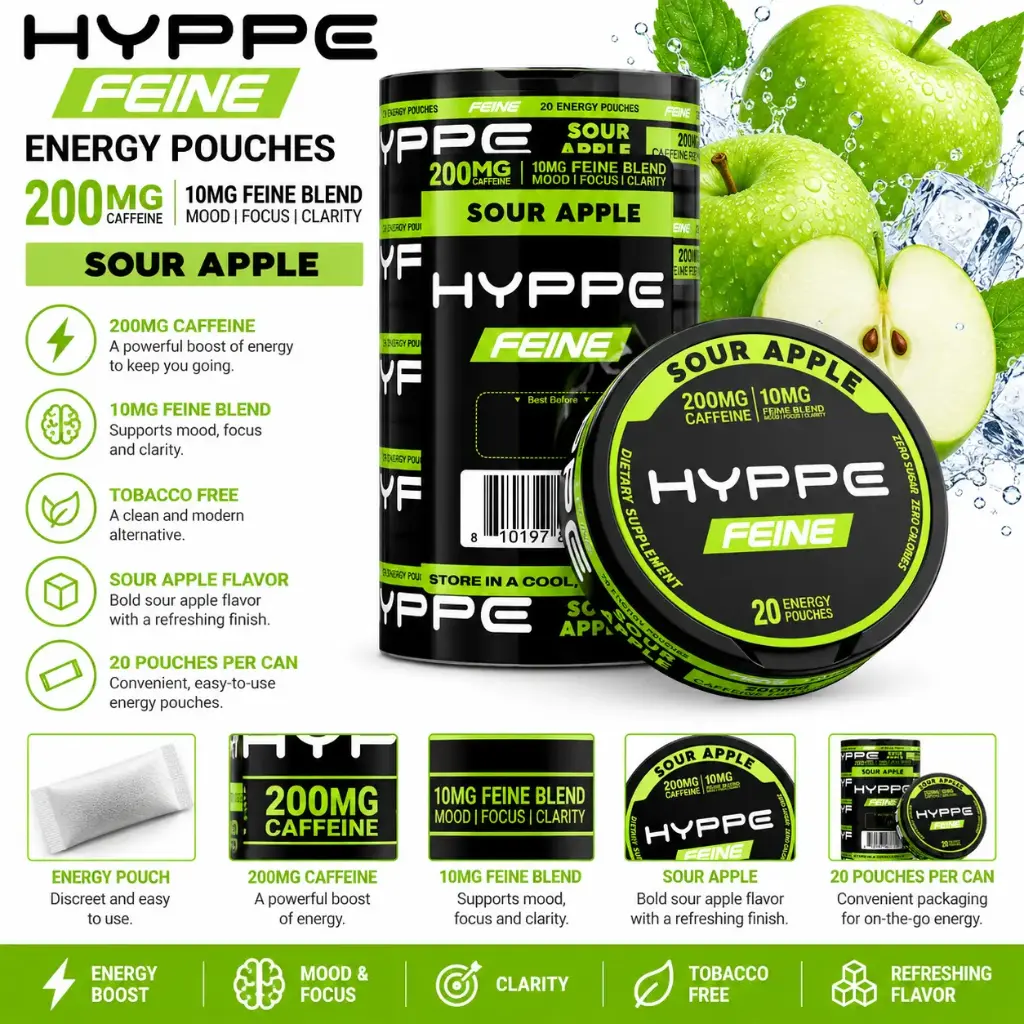 HYPPE FEINE Performance Pouches (200 mg Caffeine) 20 pouches per pack | 5 packs - SOUR APPLE