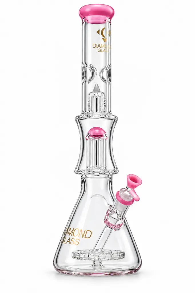 Diamond Glass 17" BEAKER WITH DOUBLE BEAKER AND TREE PERCS - DGW947 Pink