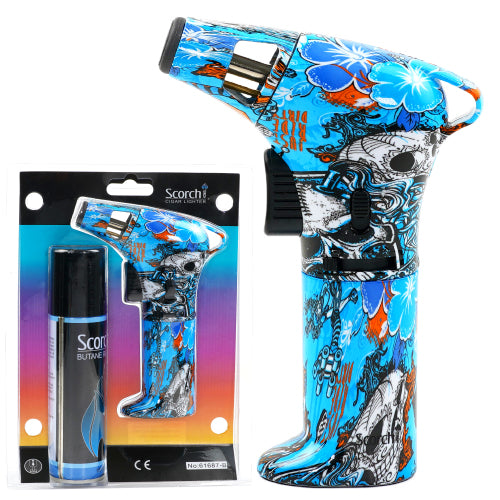[AM026407] Scorch Torch Lighter Design Torch Blister Combo- Butane Refil 6.5" (61687) Skull