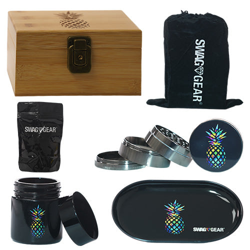 [AM033835] Unbranded Container & Jars Medium Bamboo Box With 55mm Grinder, Glass Jar, Metal Tray, Ziplock Bag Pineapple