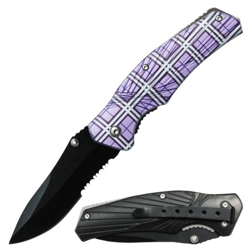 [AM038846] 4.5" Handle Checker Design Normal Open Pocket Knife - Purple