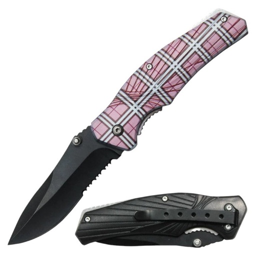 [AM038847] 4.5" Handle Checker Design Normal Open Pocket Knife - Pink
