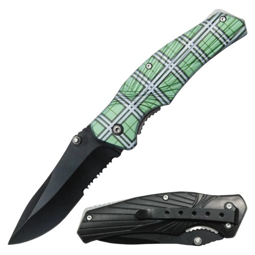 [AM038849] 4.5" Handle Checker Design Normal Open Pocket Knife - Green