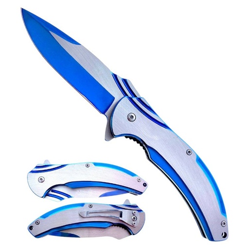 [AM038895] 4.75" Titanium & Silver Assist-Open Pocket Knife Blue
