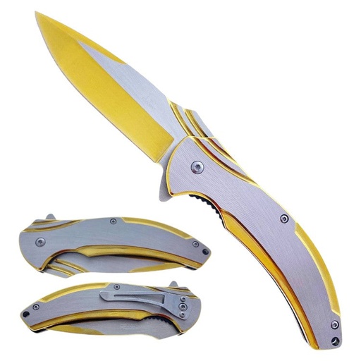 [AM038896] 4.75" Titanium & Silver Assist-Open Pocket Knife Gold