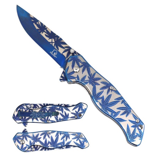 [AM038909] 4.75" Titanium Marijuana Leaf Assist-Open Pocket Knife Blue