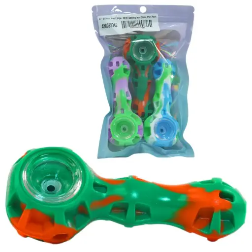 [AM039345] Unbranded Silicone Silicone Hand Pipe with Metal Dubbing Tool 4.0" (3 per pack)