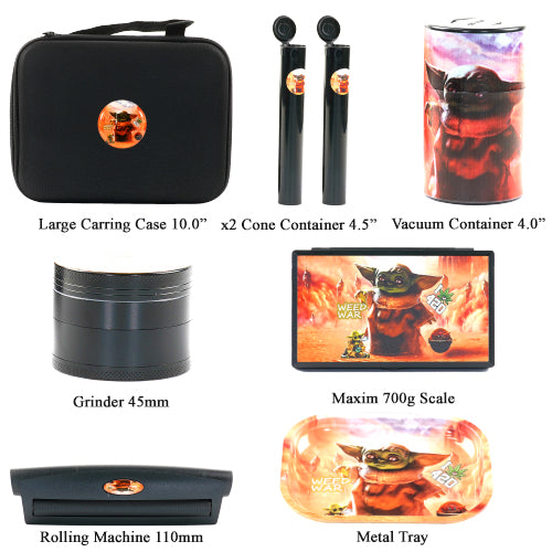 [AM039396] Travel Kit Case, Metal Tray, Grinder, Rolling Machine, Scale, Vacuum Container, 2x Cone Containers -Yoda