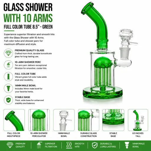[AM037319] Unbranded Glass Shower with 10 Arms, Full Color Tube 8.5"- Green (7094)