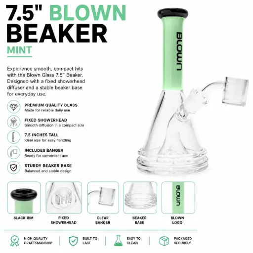[AM034889] Blown Glass Beaker w/ Fixed shower head w/banger 7.5" - Mint