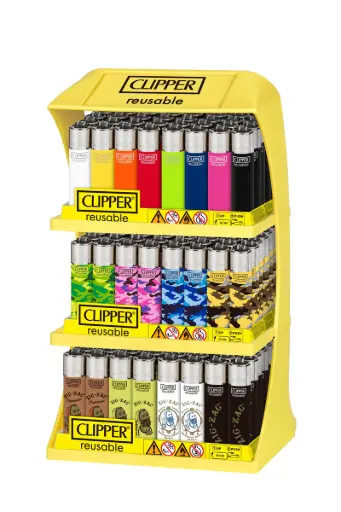 [M1917] CLIPPER Classic Lighter 3-Tier Display (Solid, Camo, Zig Zag) 144ct
