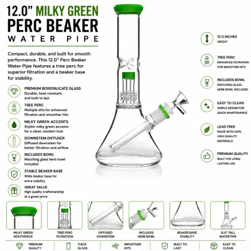 [7089-4] Unbranded Glass Perc Beaker 12.0"- Milky Green