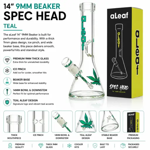 [PC37559] aLeaf Glass 14" 9MM BEAKER TEAL