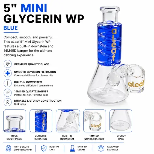 [PC37577] aLeaf Glass 5" MINI GLYCERIN WP W/ BUILT IN DOWNSTEM & 14M45D BANGER BLUE
