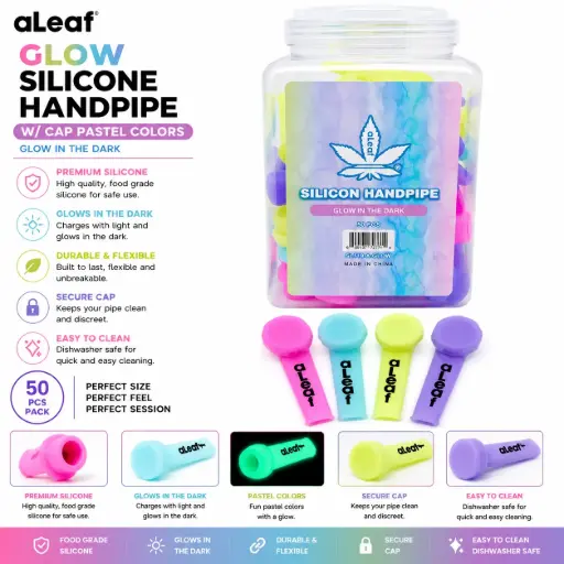 [PC37581] aLeaf GLOW SILICONE HANDPIPE W/CAP PASTEL COLORS 3.0" (50 per Jar) 