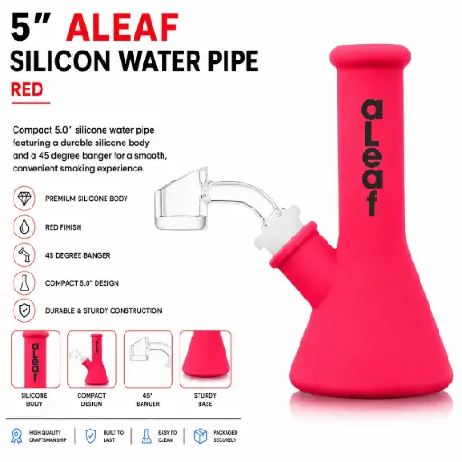 [PC37585] aLeaf Silicon Water Pipe w/ 45 Degree Banger 5.0" - Red
