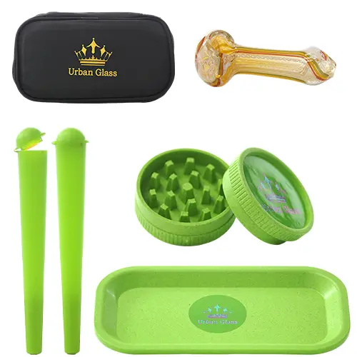 [AM033894] Urban Glass Container & Jars Grinder Set Case, Hemp Tray, Temp Grinder, H.P. 3.0", 2x Cone Containers Green