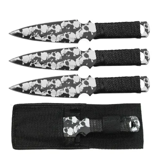 [AM050354] 8" Black & White Skull Cord Wrapped Throwing Knife with Nylon Sheath