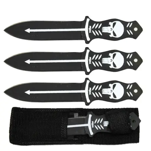 [AM050357] 6.5" Black & Silver Skull Print Throwing Knife Set with Nylon Sheath