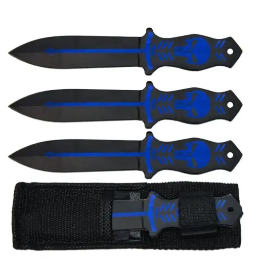 [AM050358] 6.5" Black & Blue Skull Print Throwing Knife Set with Nylon Sheath