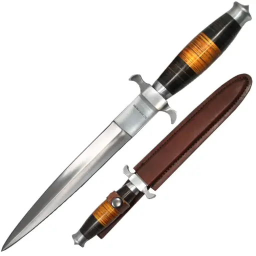 [AM050360] 13" Dark Wood Handle Commando Knife with Leather Sheath