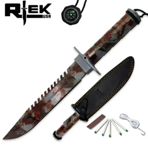 [AM050366] 14" Rtek Survival Knife Saw-Back Blade with Kit, Compass, & Leather Sheath