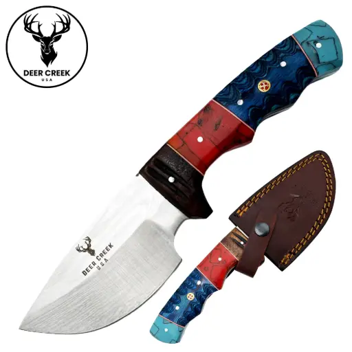 [AM050367] 9.5" Deer Creek Multi-Color Wood & Resin Hunting Knife with Leather Sheath