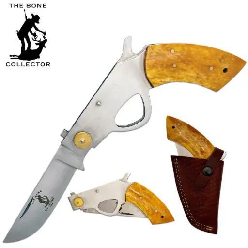[AM050370] 6" Bone Collector Yellow Gun-Handle Folding Knife with Leather Sheath