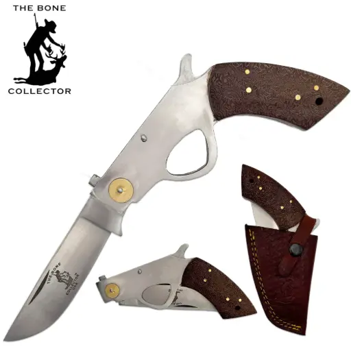 [AM050371] 6" Bone Collector Rosewood Gun-Handle Folding Knife with Leather Sheath