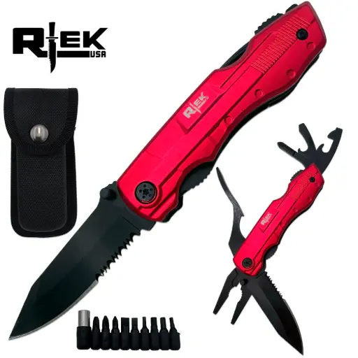 [AM038813] Rtek 4.5" Multi Tool Pocket Knife with Pliers Bottle Opener Screwdrivers & Sheath Red