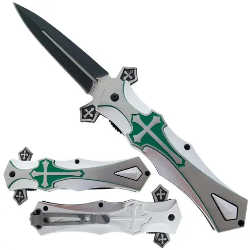 [AM050392] 5" Silver Cross Metal Handle Assist Open Pocket Knife
