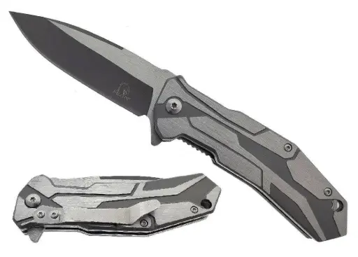 [AM050399] 4.5" Gray & Silver Rocket Metal Handle Assist-Open Pocket Knife