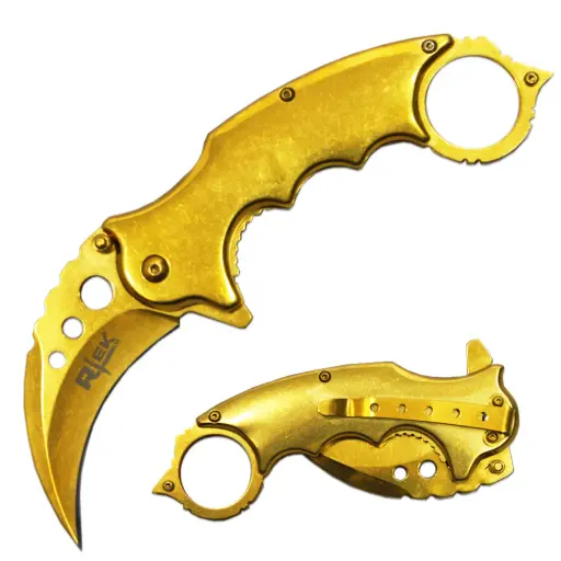 [AM038918] 4.75" Heavy Duty Gold Metal Handle Assist-Open Karambit with Glassbreaker and Belt Clip
