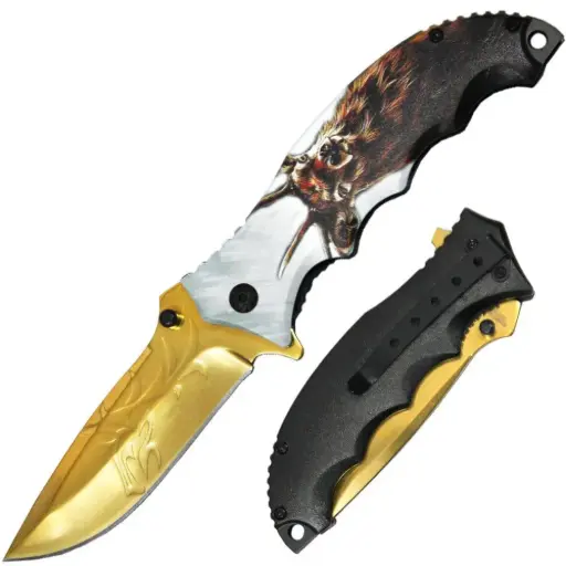 [AM038864] 4.5" Deer Wildlife Handle Gold Blade Assist-Open Folding Knife