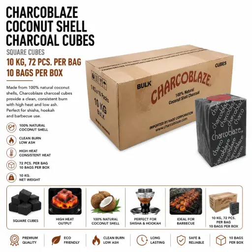 [AM040413] 10 Kg Charcoblaze Coconut Shell Charcoal, Square Cubes, 72 pcs per bag, 10 bags per box