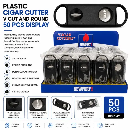 [AM050474] PLASTIC CIGAR CUTTER V CUT AND ROUND 50 PCS DISPLAY