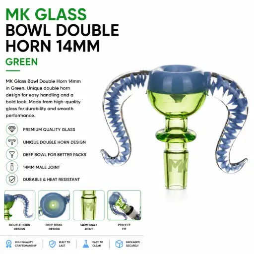 [AM025549] MK Glass Bowl Double Horn 14mm Green (6121-3)